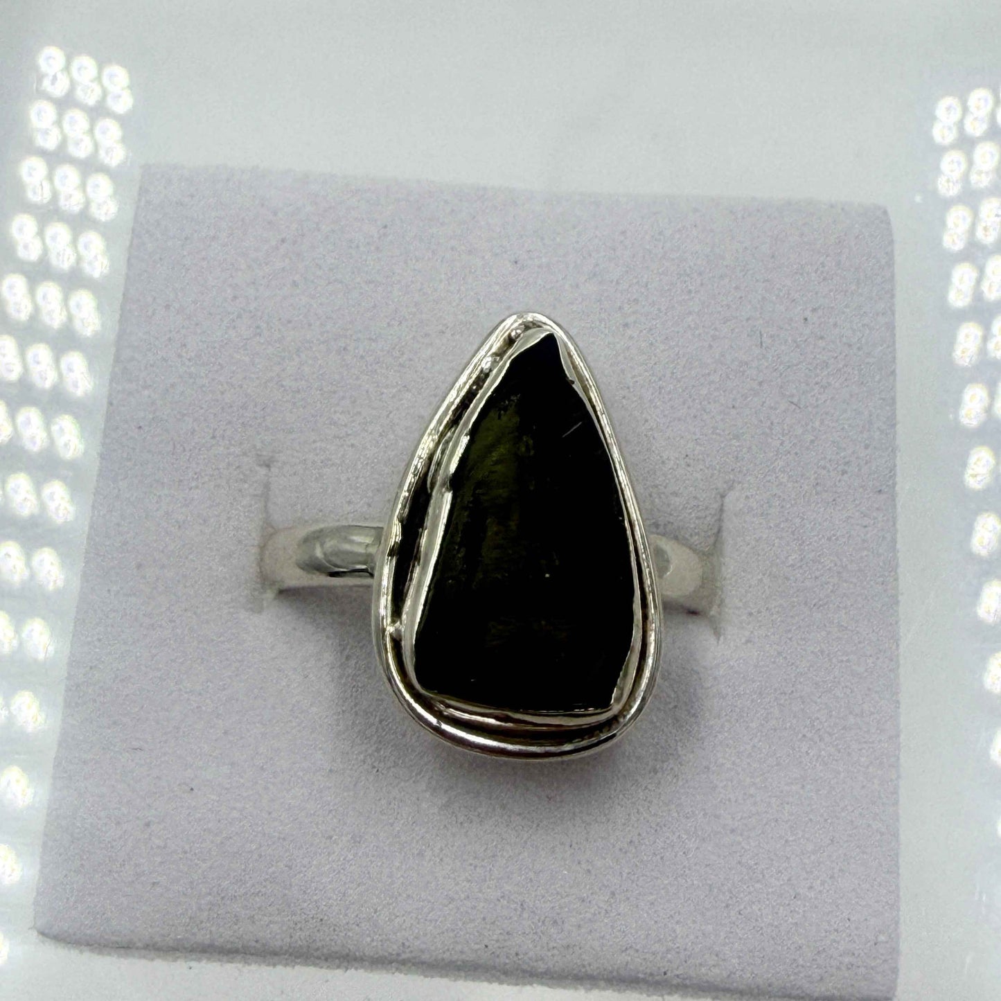 Sterling Silver Inlaid Moldavite Ring - Size 8 - Transformation, Growth & Awakening