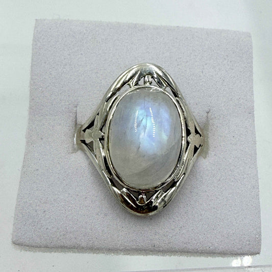 Sterling Silver Rainbow Moonstone Angel Ring – Size 9 – Intuition, Protection & New Beginnings