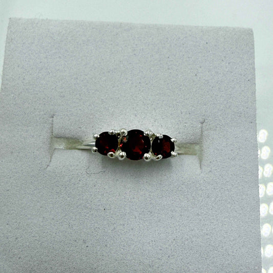 Sterling Silver Three-Stone Garnet Ring – Size 7 – Passion, Strength & Grounding