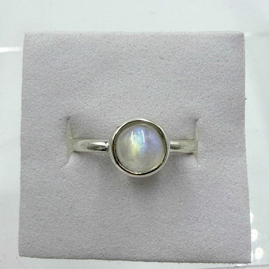 Sterling Silver Rainbow Moonstone Mini Bezel Ring – Size 10 – Intuition, Clarity & New Beginnings