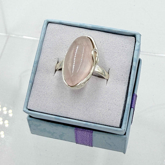 Sterling Silver Flow Banded Oval Rose Quartz - Size 10 - Loving, Soothing & Heart Opening