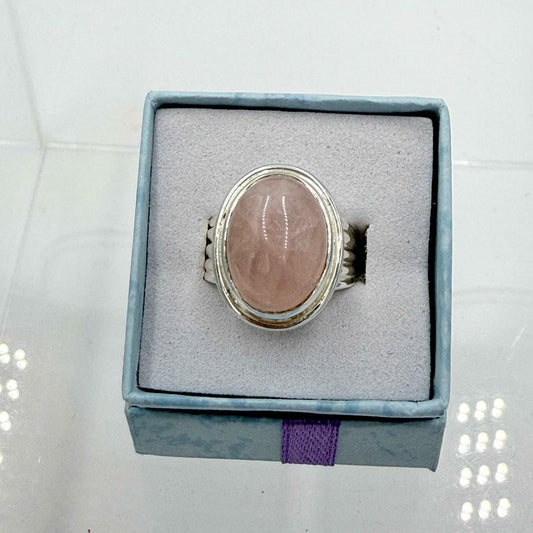 Sterling Silver Pave Banded Oval Rose Quartz - Size 7 - Loving, Soothing & Heart Opening
