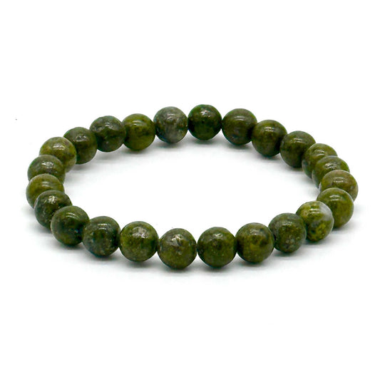 Epidote with Trace Pyrite Round Bead Bracelet – Focused Growth