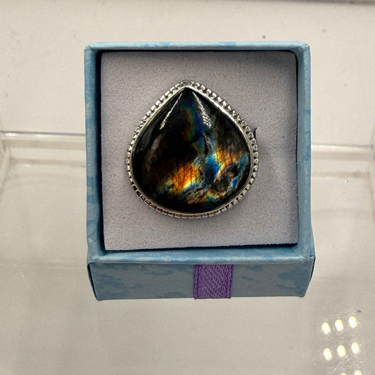 Sterling Silver Bezeled Teardrop Spectrolite Ring - Size 7 -Intuition, Protection & Illumination