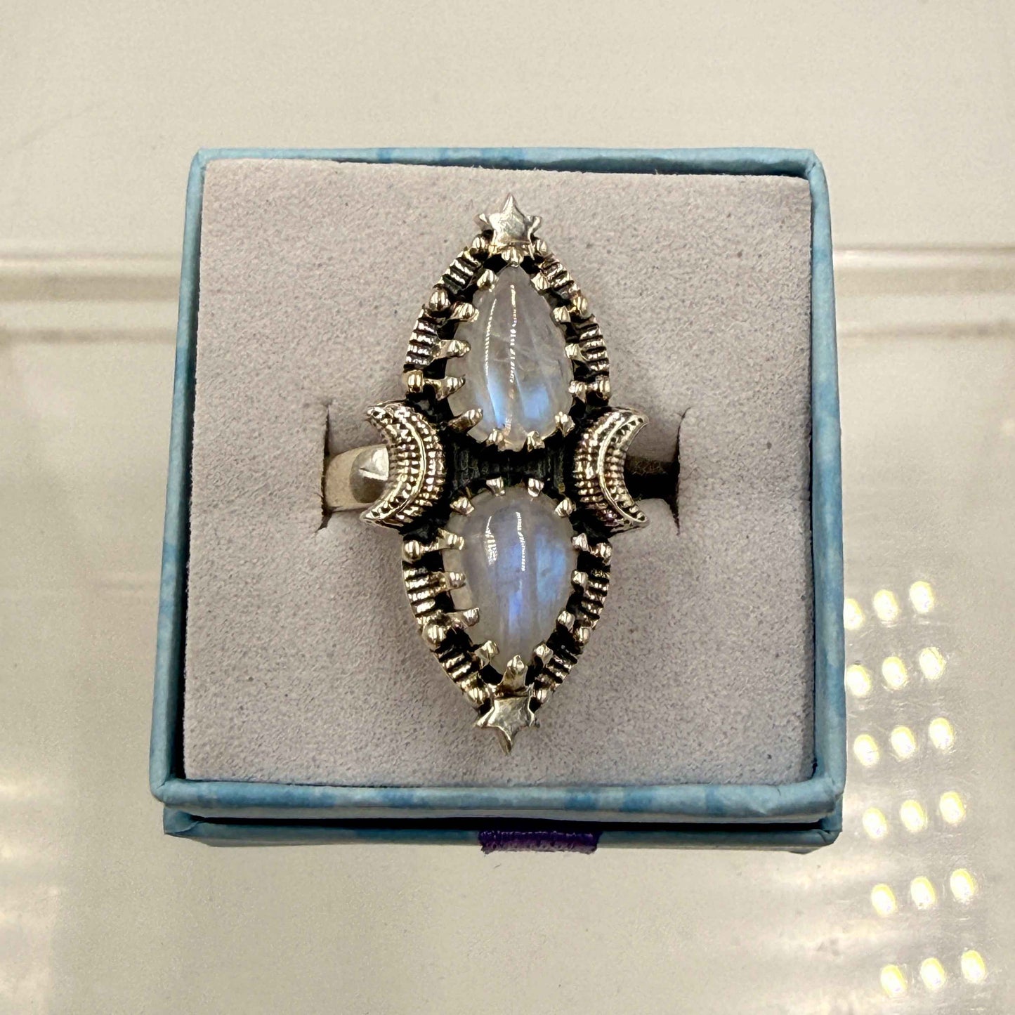 Sterling Silver Double Teardrop Celestial Moonstone Ring - Size 5- Mystical, Protective & Awakening