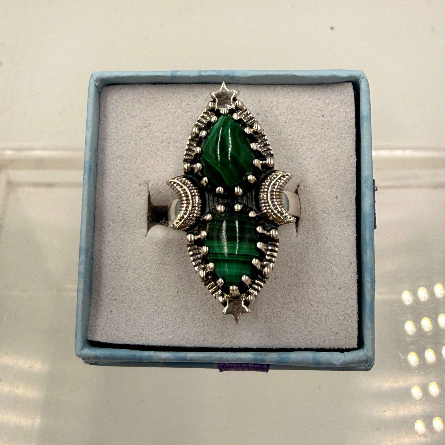 Sterling Silver Double Teardrop Celestial Malachite Ring - Size 5 - Transformative, Protective & Empowering