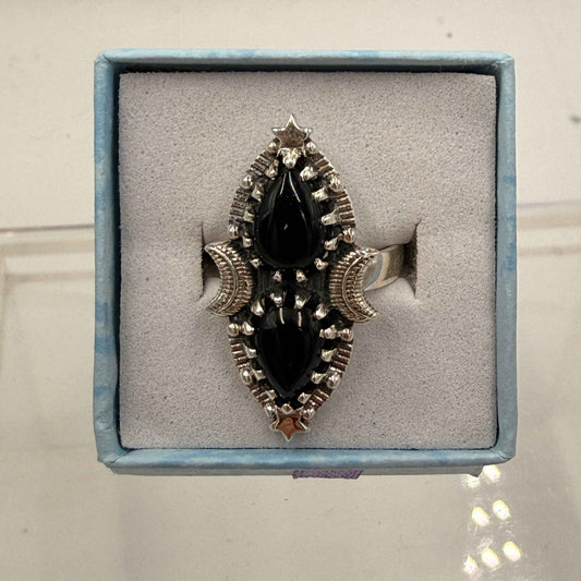 Sterling Silver Double Teardrop Celestial Black Onyx Ring - Size 6 - Protective, Grounding & Stabilizing