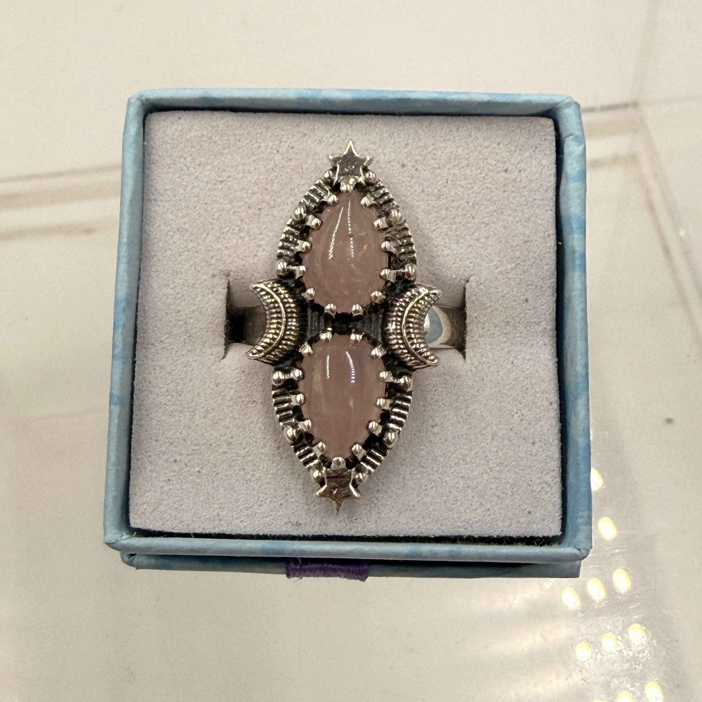 Sterling Silver Double Teardrop Celestial Rose Quartz Ring - Size 8 - Loving, Healing & Gentle