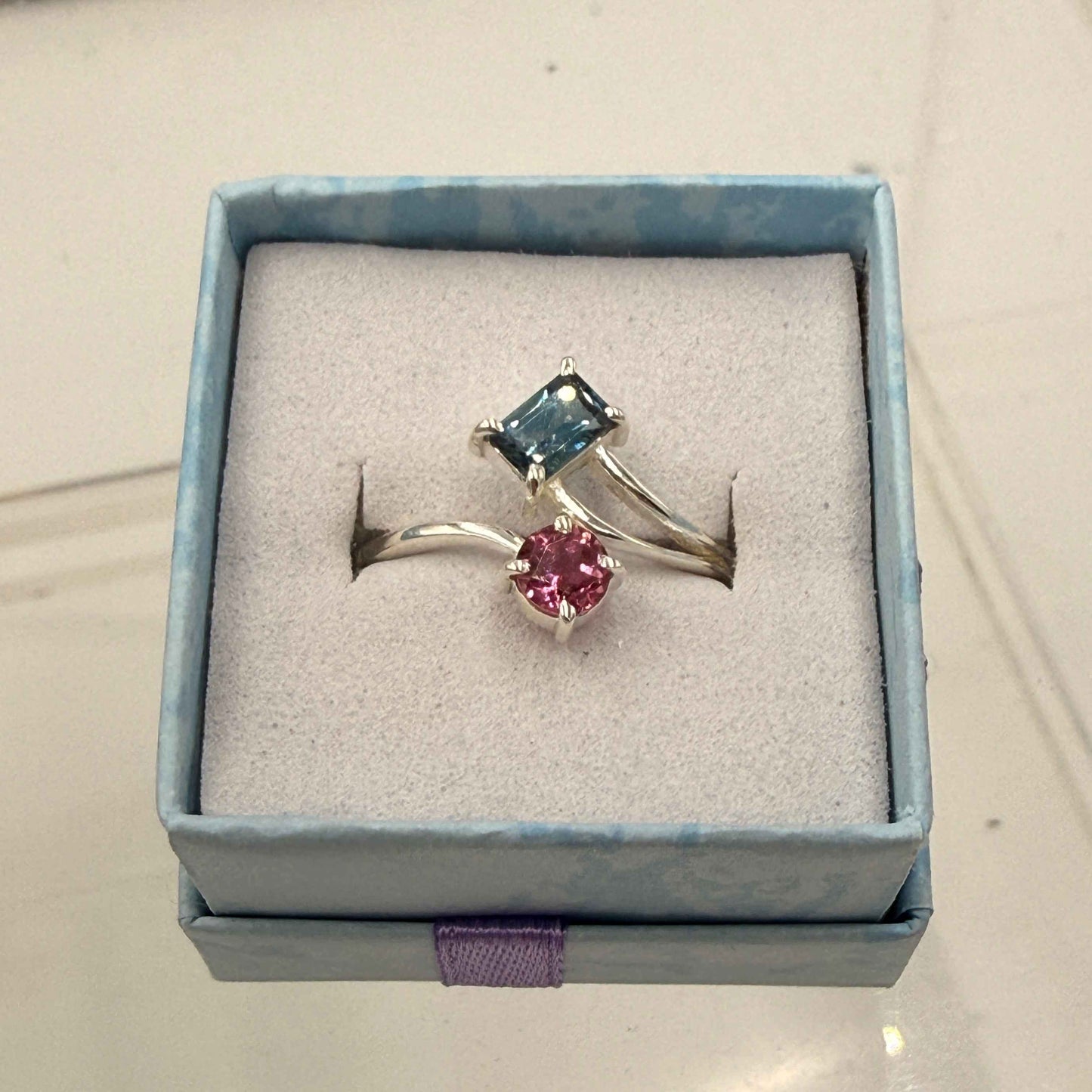 Sterling Silver Pink & Blue Tourmaline Ring - Size 10 - Healing, Calm & Loving
