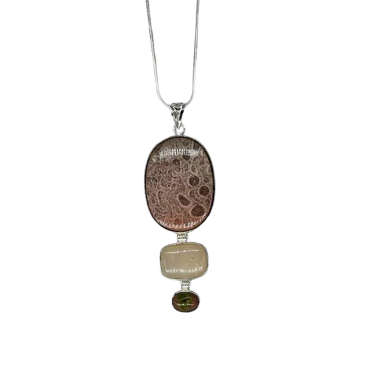 Fossil Coral, Quartz, and Unakite Necklace