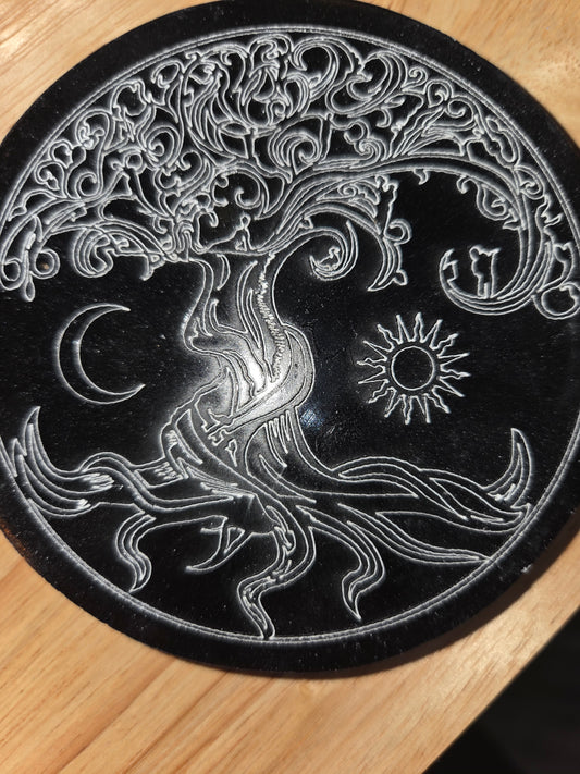 4" Black Selenite Charging Plate – Tree of Life Engraved • Energy Cleansing & Crystal Charging